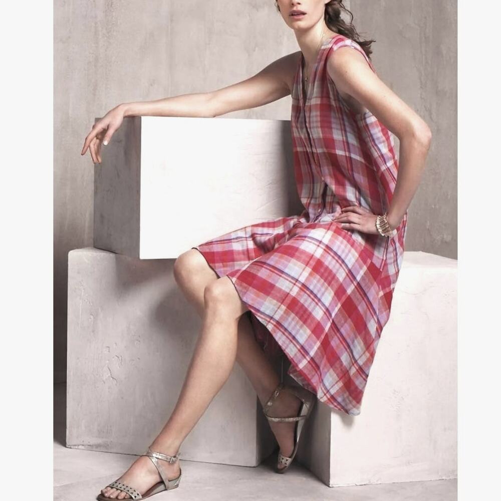 Anthropologie Maeve Pippa Swing Pure Cotton Plaid Collared Flowing Tank Dress